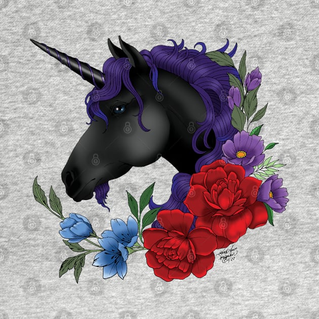 Black Unicorn and Flowers by tigressdragon